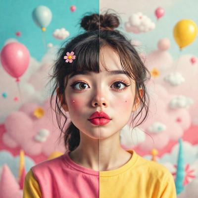 The primary subject of the image is a young girl with a ponytail, wearing a pink shirt and a yellow shirt. She is posing for the camera with a playful expression. The setting is a colorful background featuring balloons and clouds, creating a vibrant and lively atmosphere. The visual style is a combination of photo and digital art, with the girl's image being digitally manipulated to create the dual-image effect. The colors and mood of the image are predominantly p